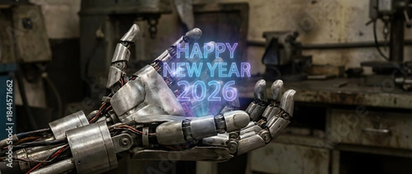 Fototapeta Happy New Year 2026 Robotic Hand Hologram  Futuristic AI Celebration Concept