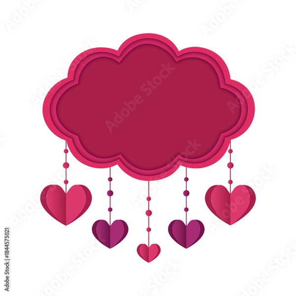 Fototapeta valentine layered paper cloud with hanging hearts in shades of pink for romantic themes