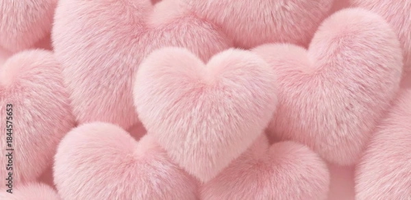 Obraz Valentine's day banner with soft pink fur hearts pattern. Space for text. 