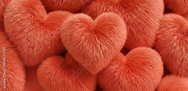 Obraz Valentine's day banner with soft red fur hearts pattern. Space for text.