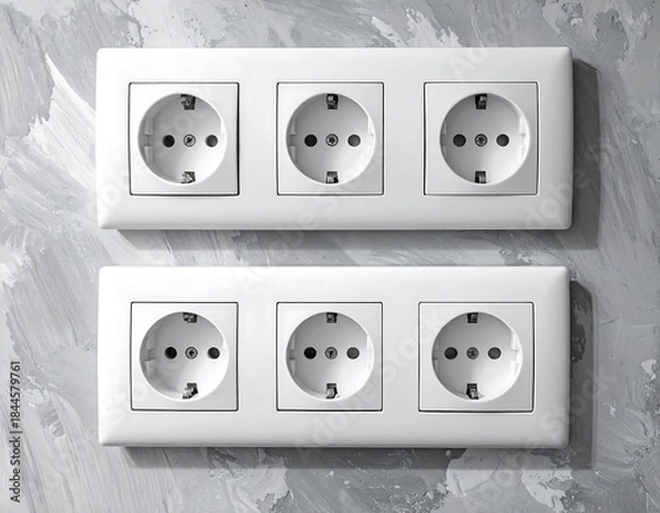 Obraz Two White Electrical Outlets on Gray Wall.