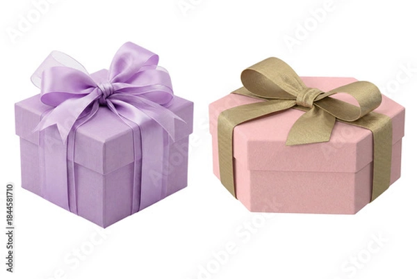 Obraz Two beautifully wrapped gift boxes, one lavender square and one pink hexagonal, ready for celebration