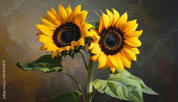 Fototapeta Two Sunflowers in a Still Life.