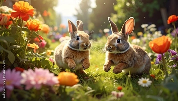 Obraz Two Rabbits in a Spring Garden.