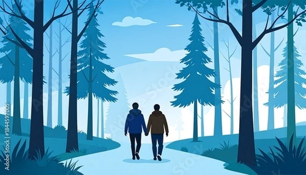 Obraz Two Men Walking Hand-in-Hand in a Forest Path.