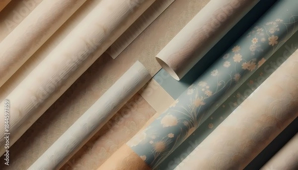 Obraz 様々な和柄・テクスチャの壁紙ロールセット。デザインとパターンのモックアップ
Set of Rolled Wallpaper and Wrapping Paper with Japanese Patterns. Design Mockup