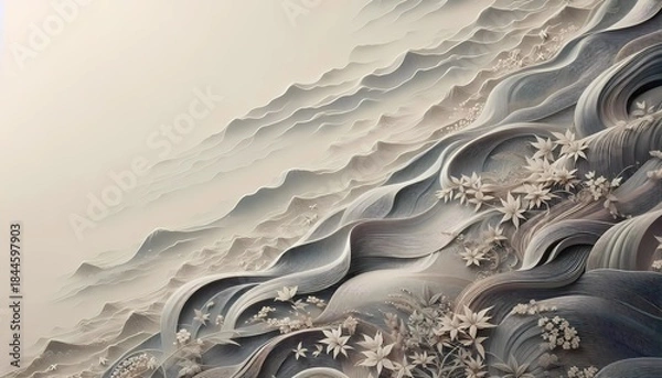 Obraz 和モダンな雲海と白い花のテクスチャ。流れるような抽象的な波紋
Wabi-Sabi Flowing Cloud and White Floral Pattern. Abstract Wavy Texture in Japanese Style