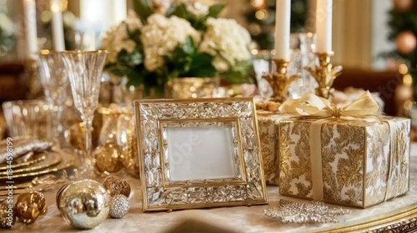 Obraz Elegant Holiday Table Setting with Gold Decor and Empty Frame