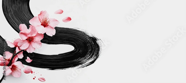 Fototapeta Pink cherry blossom black brushstroke art flower paint abstract