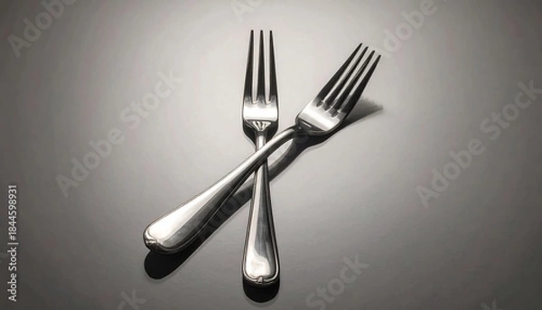 Obraz Two Silver Forks Crossed on Gray Surface.