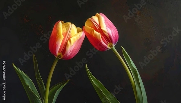 Obraz Two Tulips Close Up Against Dark Background.