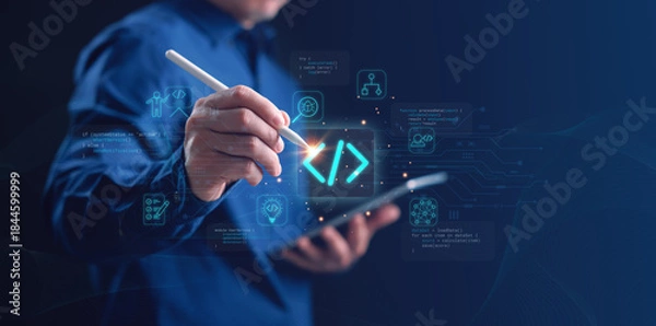 Fototapeta Programmer explaining software development concept using a digital pen and tablet on technology background. Suitable for IT consulting, coding education, system design, and digital business projects.