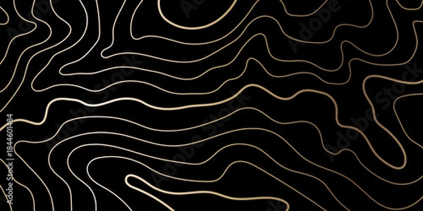 Obraz Topography gold pattern. Mountain lines on a geography map. Luxury graphic symbolizing elegant peaks and dunes. Golden vector contour on a black background. Horizontal premium design.