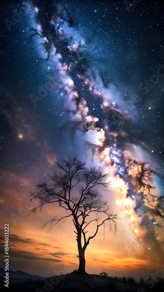 Obraz A tree silhouette under a vibrant, starry sky with the Milky Way and a colorful horizon.
