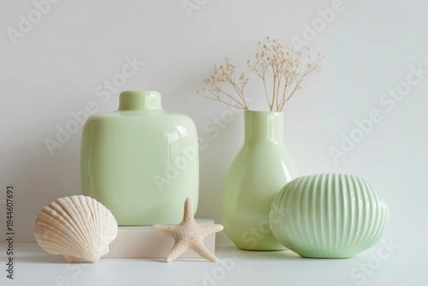 Obraz Minimalist Green Objects on Beach-Inspired Collection Display