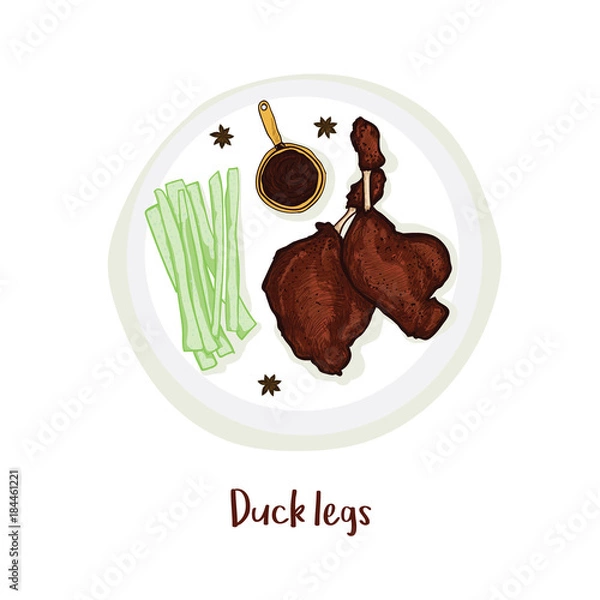 Fototapeta Duck legs on plate with sauce, celery and anise