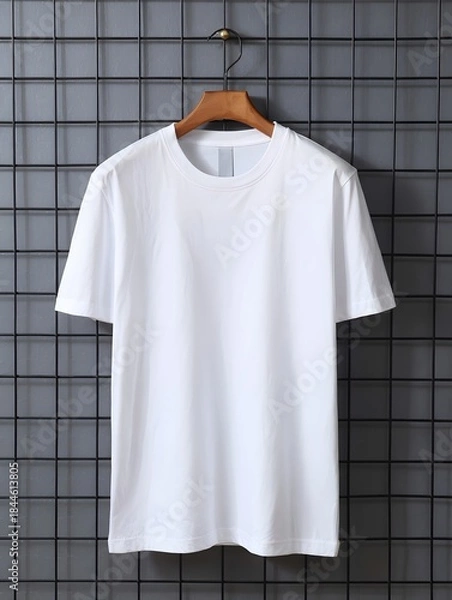 Obraz Plain white tshirt mockup hanging on a hanger against grid wall