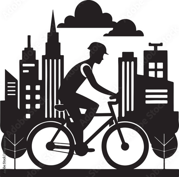 Obraz Cyclist commuting on an eco-bike through a modern