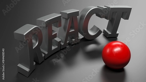 Obraz REACT metal write on black glossy surface, with red sphere - 3D rendering illustration