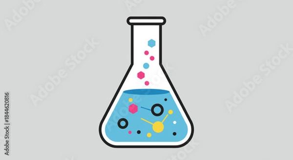 Fototapeta Scientific laboratory beaker with colorful chemical reactions in flat style
