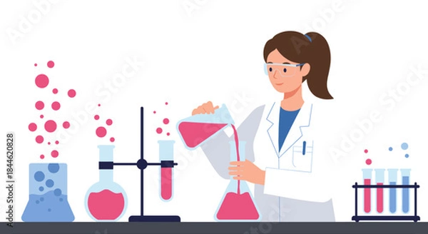 Fototapeta Female scientist conducting experiment in modern laboratory with beakers and test tubes