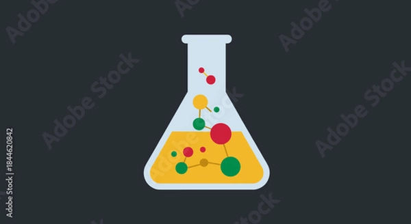 Fototapeta Flat icon of scientific flask with colorful molecular structure on dark background