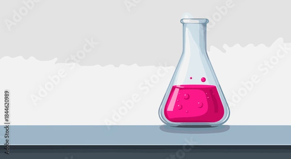 Fototapeta Realistic laboratory flask with pink liquid on a shelf
