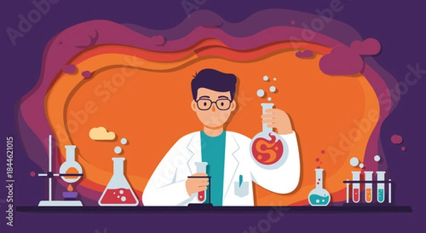 Fototapeta Colorful paper cut science lab with chemist in glasses conducting experiments