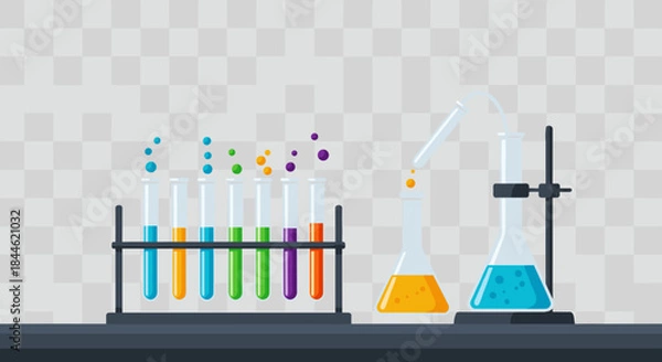 Fototapeta Colorful chemistry equipment on lab counter with gradient background