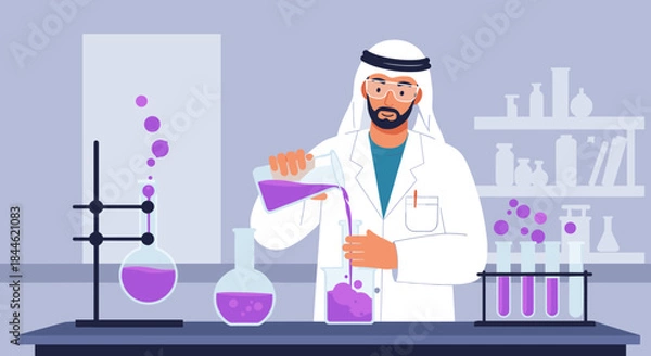 Fototapeta Scientist in lab coat conducts chemical experiment with purple liquid in modern laboratory