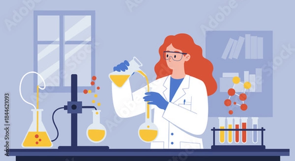 Fototapeta Scientist in lab conducting experiment with beakers and test tubes in flat design