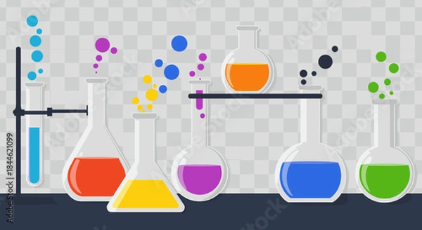 Fototapeta Colorful laboratory glassware with bubbles on transparent background