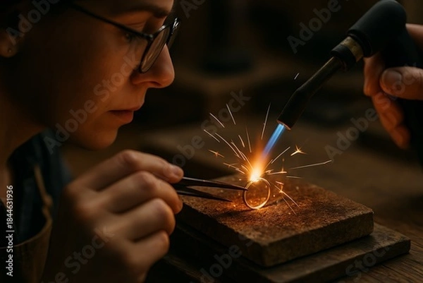 Obraz Jeweler Soldering a Ring with a Torch, Creating Sparks