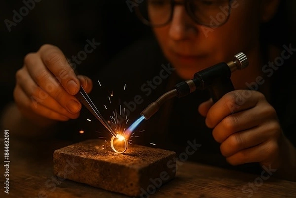 Obraz Jeweler Soldering a Metal Ring with a Torch, Creating Sparks