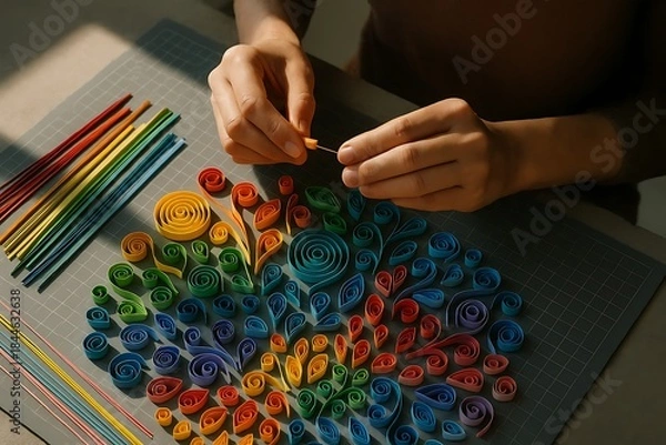 Obraz Close-up of Hands Crafting Vibrant Paper Quilling Art