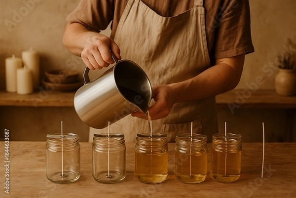 Obraz Handmade Candle Making: Pouring Wax into Jars
