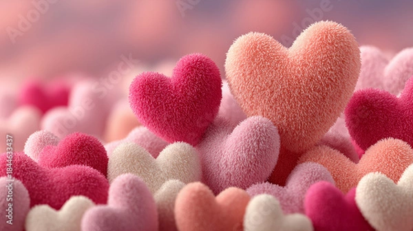 Obraz Close-up macro photography of velvety, textured hearts in pink and cream tones. A bright pink heart pops in the foreground against a softly blurred pastel background
