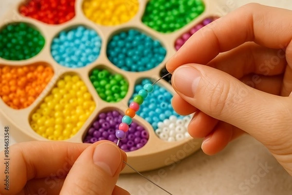 Obraz Hands Threading Colorful Beads for Creative Jewelry Making