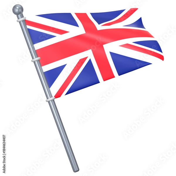 Fototapeta The Union Jack fly on a simple gray pole 3D Icon Illustration. Low Poly Style.