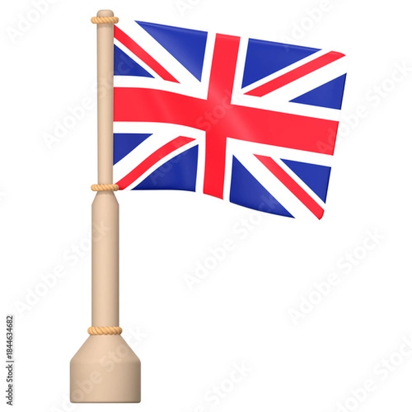 Fototapeta The Union Jack on a wooden pole with a rope 3D Icon Illustration. Low Poly Style.