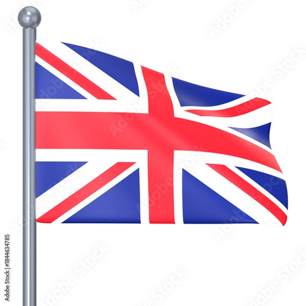 Fototapeta The Union Jack on a simple gray stand pole 3D Icon Illustration. Low Poly Style.