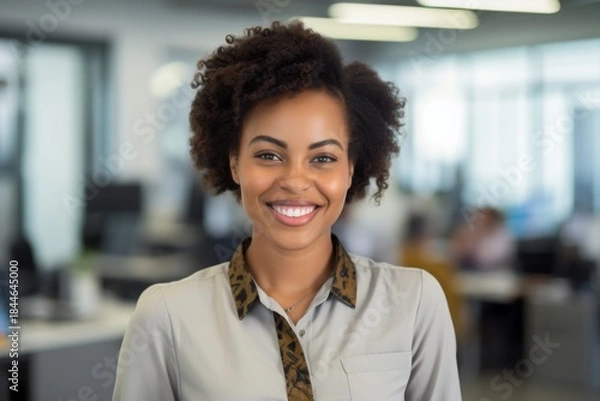 Fototapeta Professional smiling woman in an office setting with colleagues working in the background and natural light enhancing the atmosphere