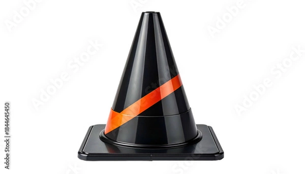 Fototapeta Isolated traffic cone with black body, orange stripe, & reflective surface, set against black