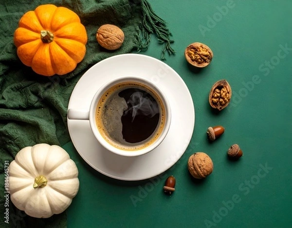 Fototapeta Overhead shot of coffee, pumpkins, walnuts, and acorns arranged on a teal cloth