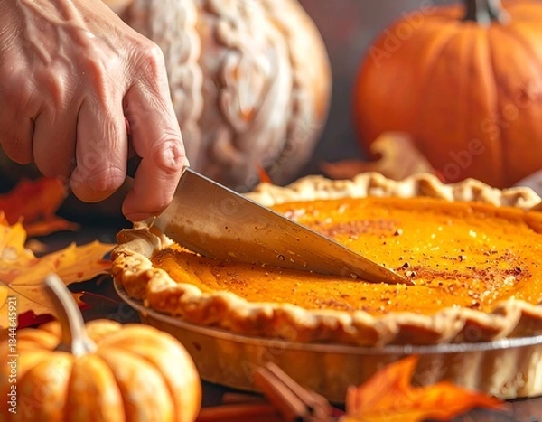Fototapeta Hand slicing into a golden pie with pumpkins, leaves, and cinnamon sticks in the background