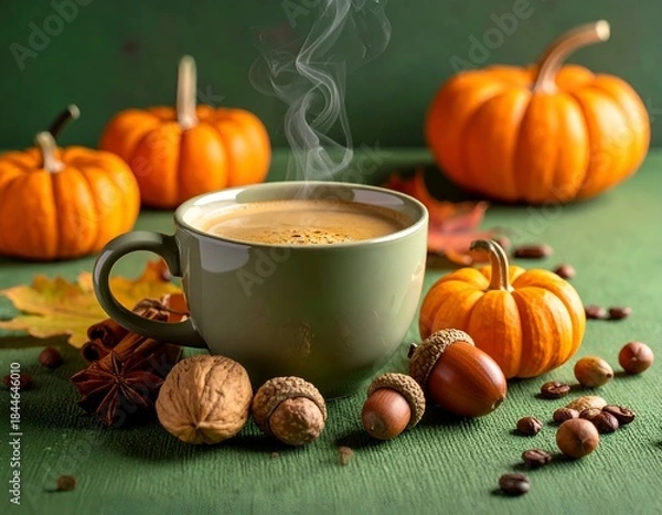 Fototapeta Steaming coffee in a mug amidst mini pumpkins, nuts, spices, and leaves on a green surface