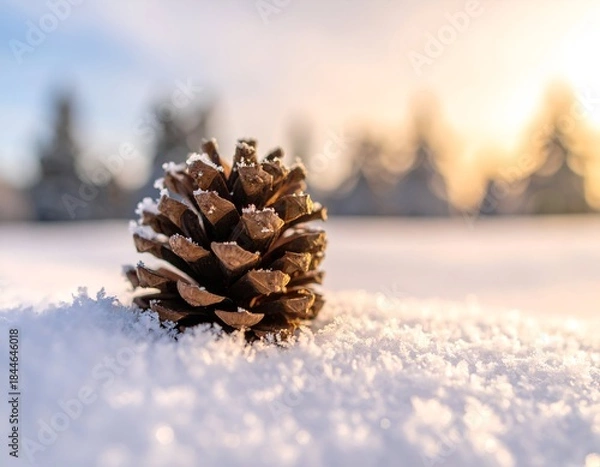 Fototapeta A pinecone rests on pristine snow in a bright, wintry landscape with blurred background
