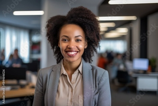 Fototapeta Professional female executive smiling confidently in a modern office environment showcasing teamwork and collaboration