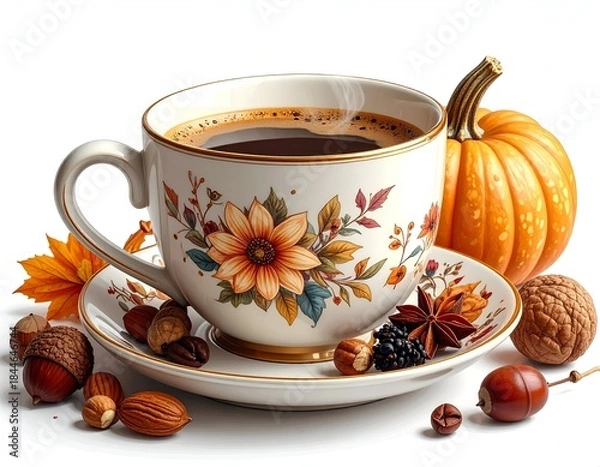 Fototapeta Coffee cup with fall floral design, next to a pumpkin and assorted nuts
