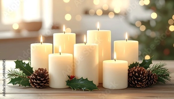 Fototapeta Lit white candles with pine cones and holly on wooden surface, blurred warm background